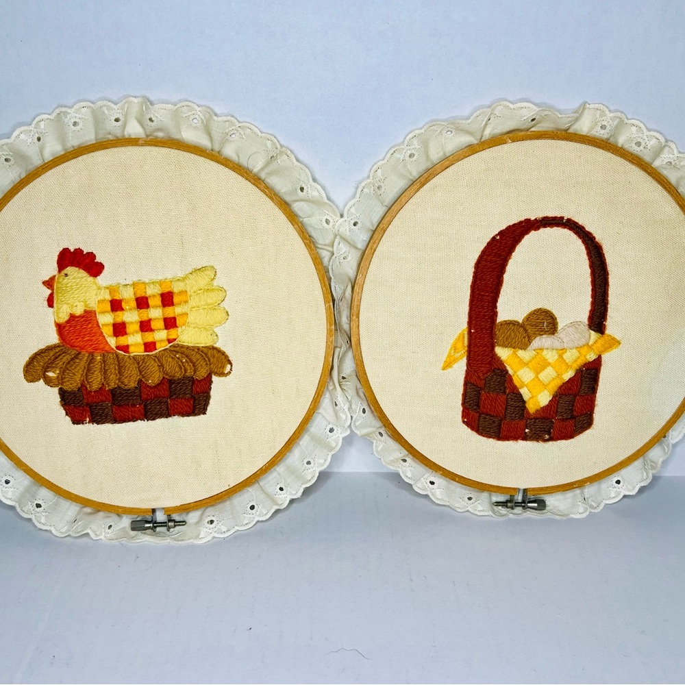 Vintage 1976 Chicken And Eggs Crewel Handmade Embroidered Wall Art COTTAGECORE